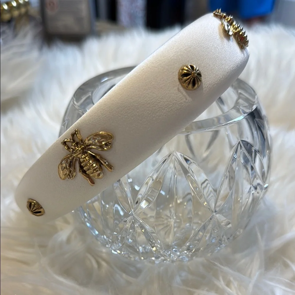 Elegant White Headband with Gold Bee Accents